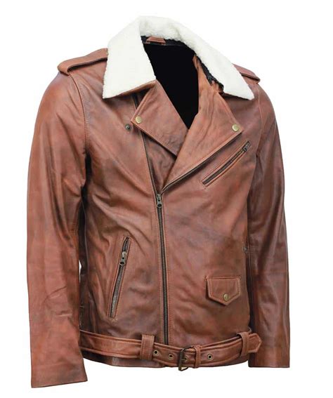 Men's Brown Fur Collar Leather Jacket - USA Leather Factory