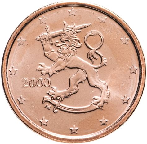 Монета Финляндия 2 цента 2000 стоимостью 18 руб.