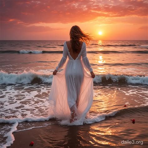 Girl Walking in Water at Fiery Sunset | Dalle3 AI
