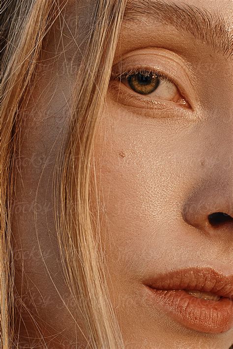 "Close Up Woman's No Makeup Natural Warm Portrait With Green Eyes" by ...