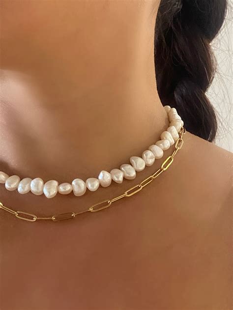 Natural White Pearl Necklace Chocker with Stainless Steel 34cm 39cm – ANETT