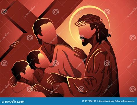 Simon Of Cyrene Helps Jesus Carry His Cross Cartoon Vector ...