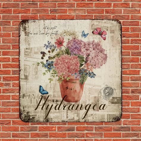 placa de metal vintage  diseno de hortensias  mariposas de estilo
