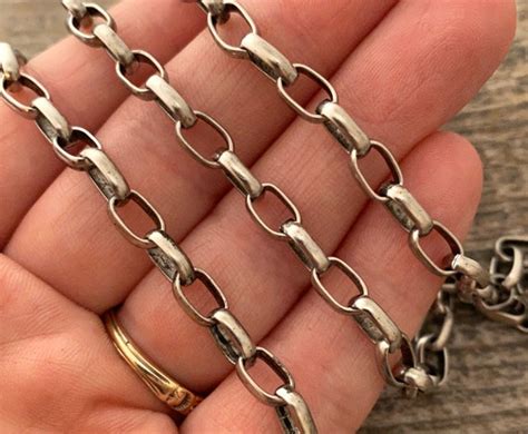 Large Silver Chain Flat Rounded Link Rectangle Antiqued | Etsy