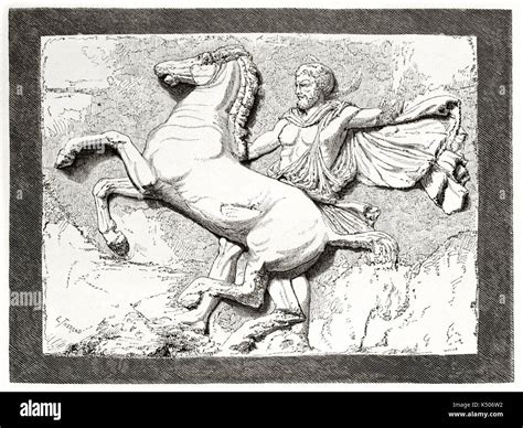 Old engraved reproduction of a high relief metope sculpture by Phidias ...