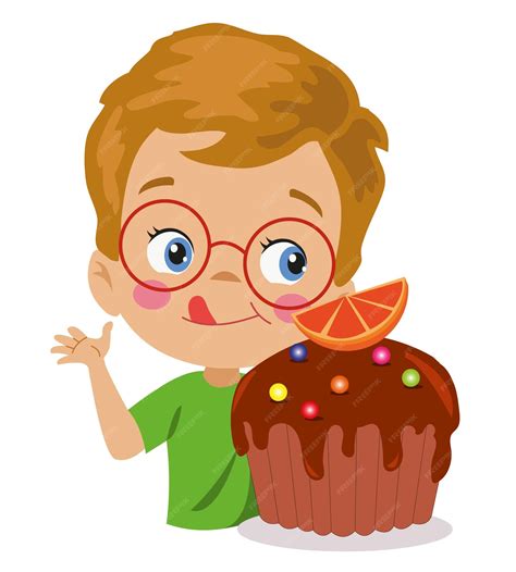 Premium Vector | Yummy orange chocolate cake and cute boy