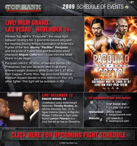 Top Rank Boxing: Upcoming Fight Schedule - updated on October 28, 2009