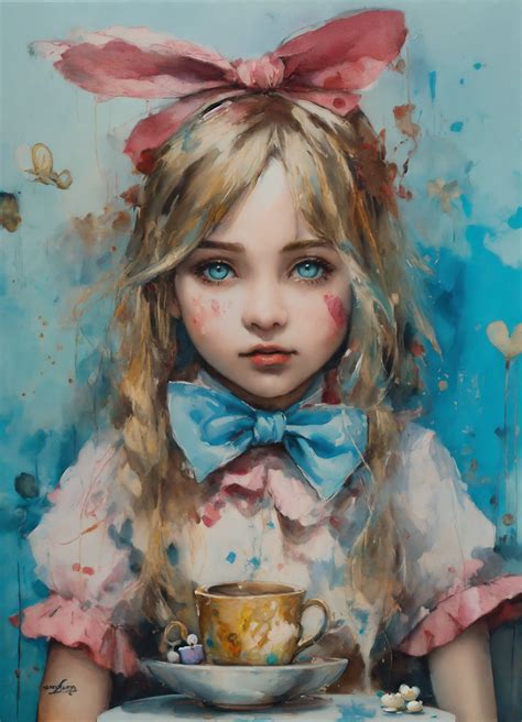 Lexica - Mixed media oil painting of a beautiful adorable Alice in