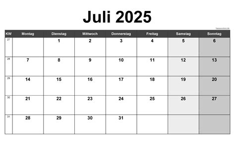 Kalender Juli 2025 zum Ausdrucken (PDF, XLS, PNG)