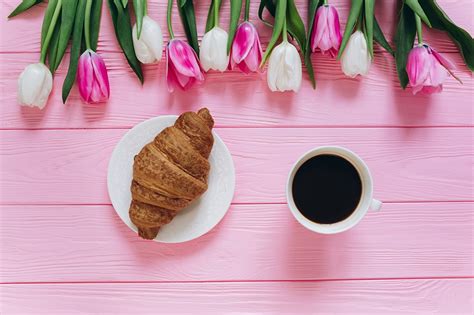 Images tulip Coffee Croissant Flowers Cup Food