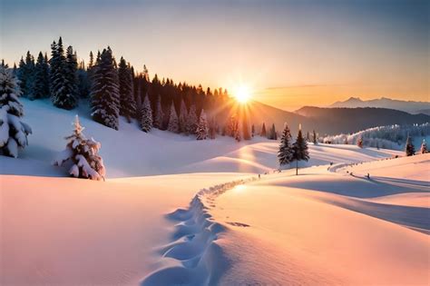 Premium Photo | A snowy landscape with a sunset in the background
