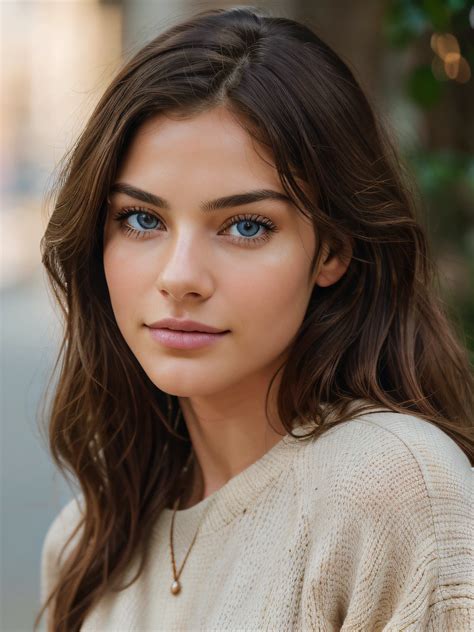 beautiful brunette wearing light beige sweater, very detailed, 21 years