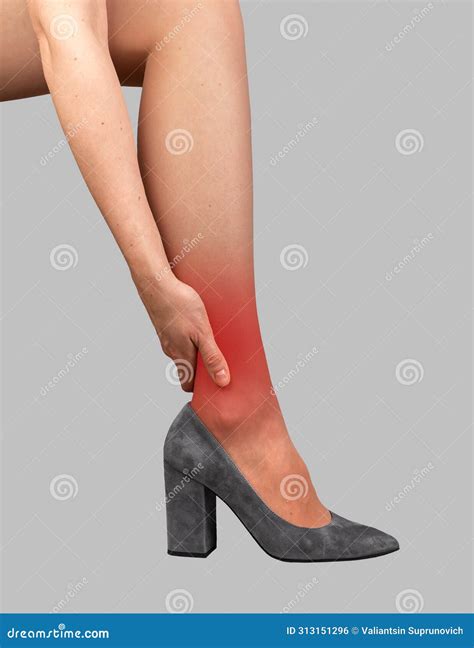Ankle Pain, Ache, Hurt. Hand Holding Leg Joint, Standing in High Heeled