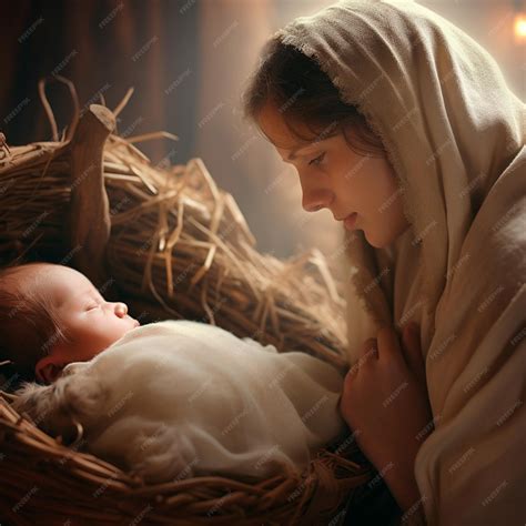 Mary holds the newborn Jesus in her arms in a heavenly scene of