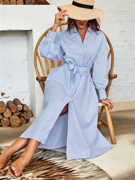 Striped Drop Shoulder Belted Shirt Dress | Blue striped dress, White
