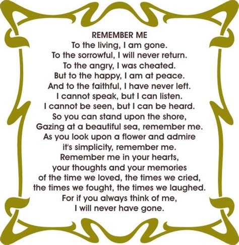 a poem written in green and white with the words remember me to the ...