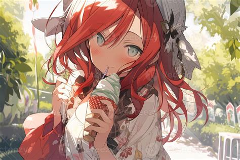 Cute redhead anime girl eating an ice cream in a park. . 22385028 Stock 