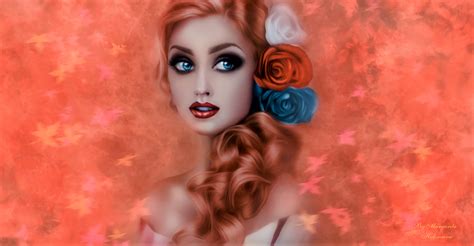 Download Blue Eyes Lipstick Hair Rose Flower Redhead Artistic Painting ...