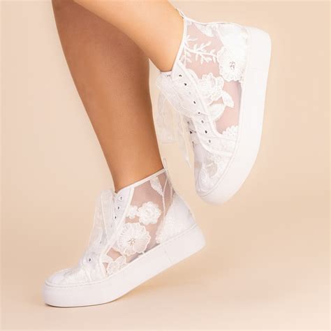 Perfect Bridal Cameron Ivory Floral Lace High Top Platform Sneakers