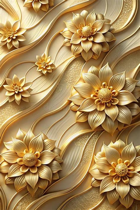 Gold Flowers with Wave Pattern Wallpaper 3D Stock Illustration ...