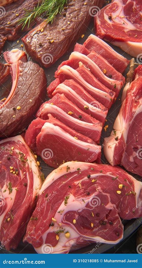 culinary selection assorted raw meat cuts presented   variety
