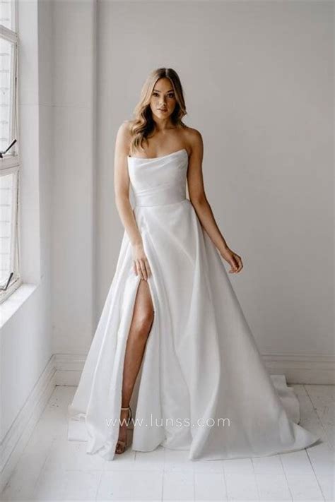 Strapless A-line Satin Minimalist Wedding Dress with Slit - Lunss