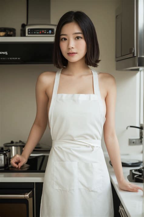 Arafed asian woman in white apron standing in kitchen next to stove