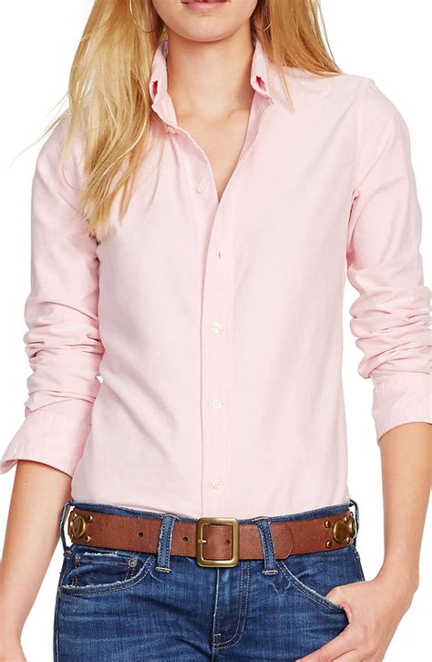 Pink oxford shirt womens with long sleeves and the button down collar