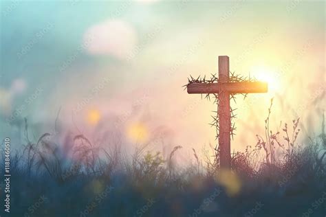Easter background depicting the crucifixion with a rustic wooden cross ...