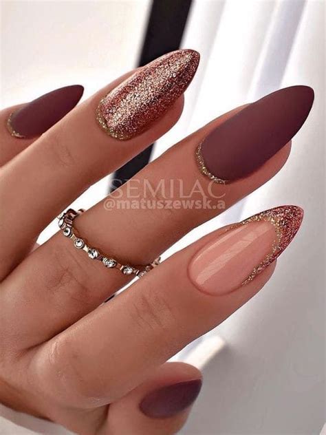 burgundy  gold glitter almond nails maroon nails gold nail