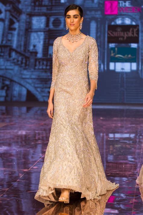 Buy Light Beige Stone Embroidered Net Bridal Gown Online | Samyakk