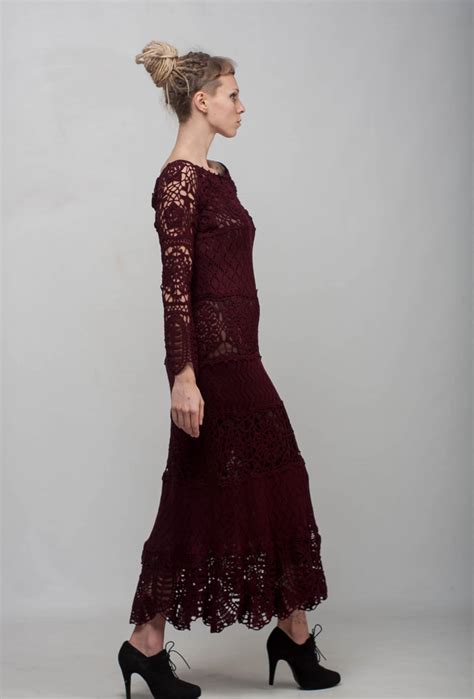 Marsala Formal Dress Burgundy Lace Dress Maxi Long Sleeve Dress Crochet