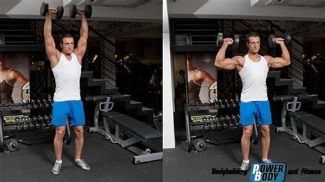 Жим гантелей стоя (армейский жим гантелей) — для дельтовидных | Power-Body