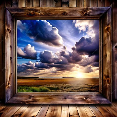 A rustic wooden window frame reveals a breathtaking sunset over a