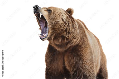 an isolated large grizzly bear roaring, front-view, fierce bear, North ...