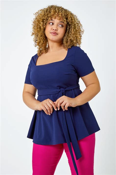 Curve Stretch Belted Peplum Top in Navy - Roman Originals UK