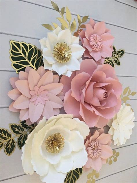 Paper Flowers Wall Decor, Blush Pink Paper Flowers Green Leaves ...