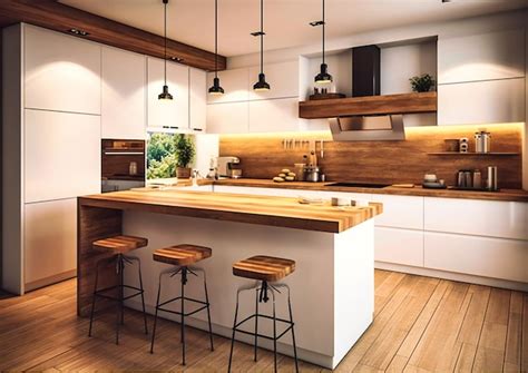 Cozinha Branca Com Madeira Pinterest - Uma cozinha branca com bancadas de madeira | Foto Premium