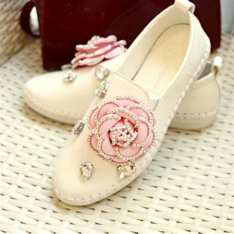 Pink flower genuine leather flats woman luxury designer rhinestone ...