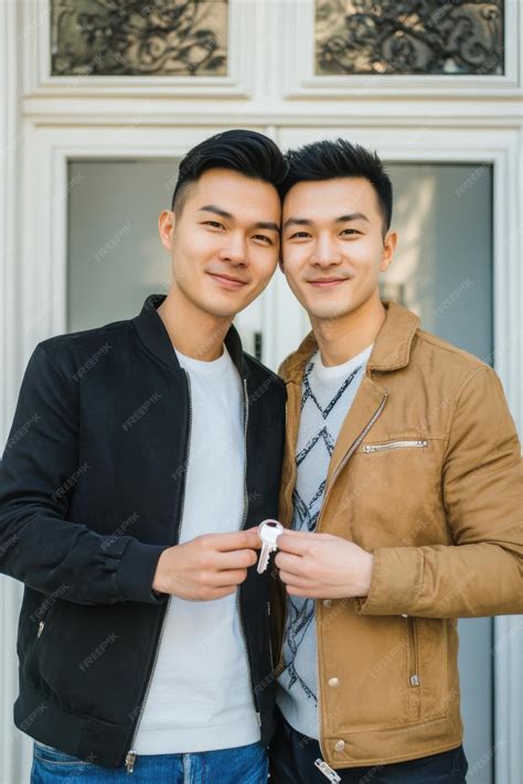 Two young Asian gays hugging showing the keys to their new house after