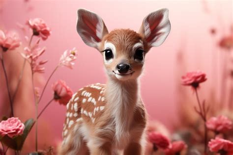 Premium AI Image | Cute little fawn with flowers on pink background