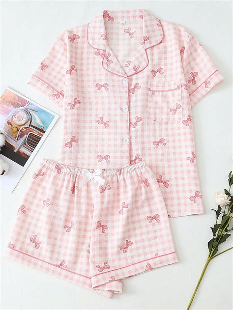 2pcs/Set Women Plaid Bow Print V-Neck Button Decor Short Sleeve Top And