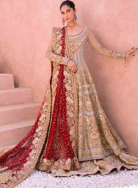 pakistani bridal dress  golden lehenga gown style nameera  farooq