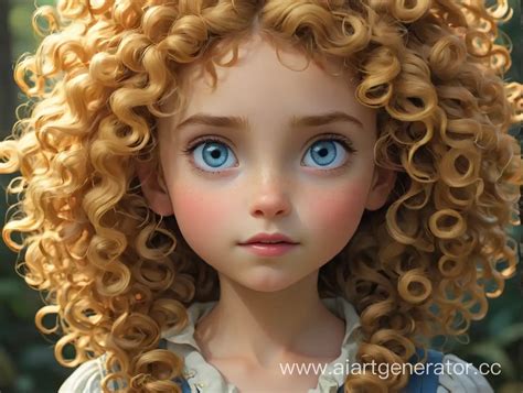 GoldenCurled Girl Named Curly with Big Blue Eyes in a Distant Land | AI ...