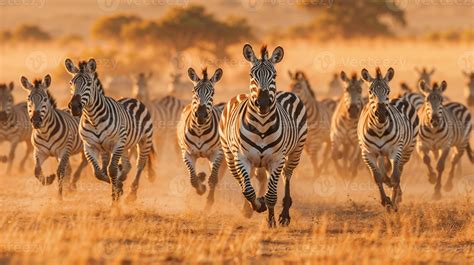 AI generated Dynamic movement of a herd of zebras galloping across the ...