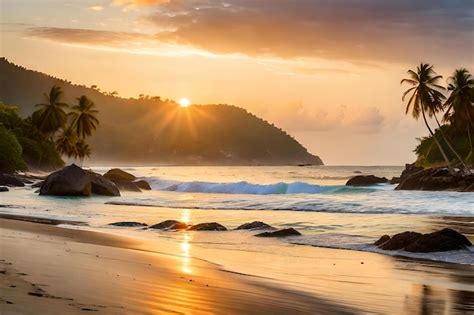 premium ai image sunset   tropical beach  palm trees   sunset