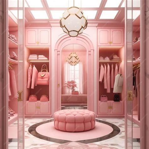 Premium AI Image | A pink dressing room with a round pink ottoman and a