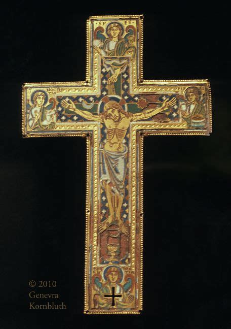 Crucifixion reliquary cross plaque, copper gilt and enamel, Mosan mid ...