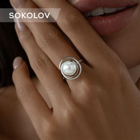 Серебряное кольцо женское 925 пробы с камнем жемчугом, серебро SOKOLOV ...