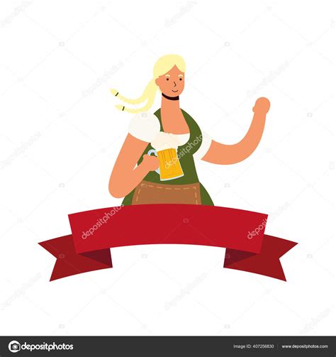 Beautiful german blond woman drinking beer character with ribbon frame